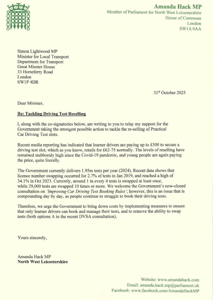 A letter from Amanda Hack to the Minister for Local Transport co-signed by 38 MPs