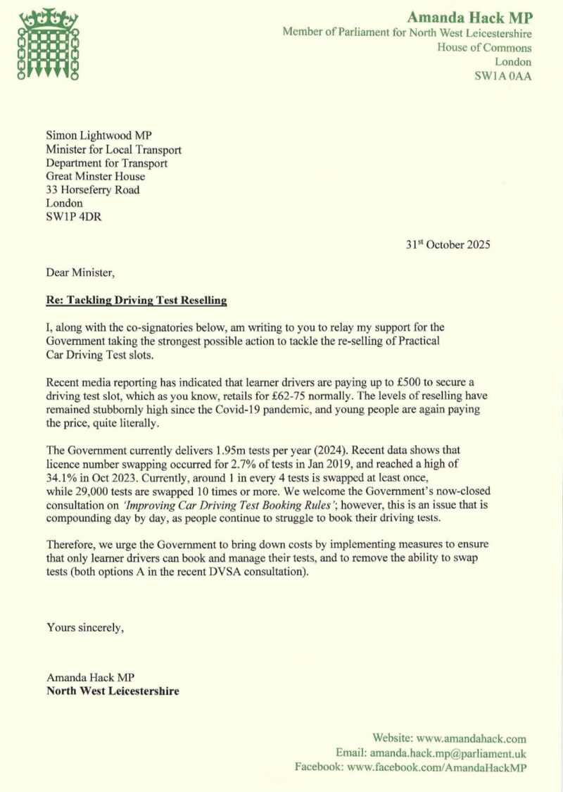 A letter from Amanda Hack to the Minister for Local Transport co-signed by 38 MPs